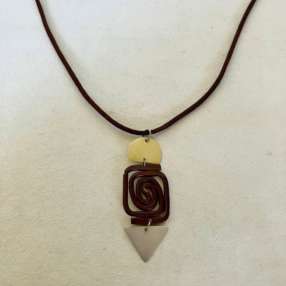 Aluminum Pendant Silk Necklace Silver Gold Brown Handcrafted Medallion Unique